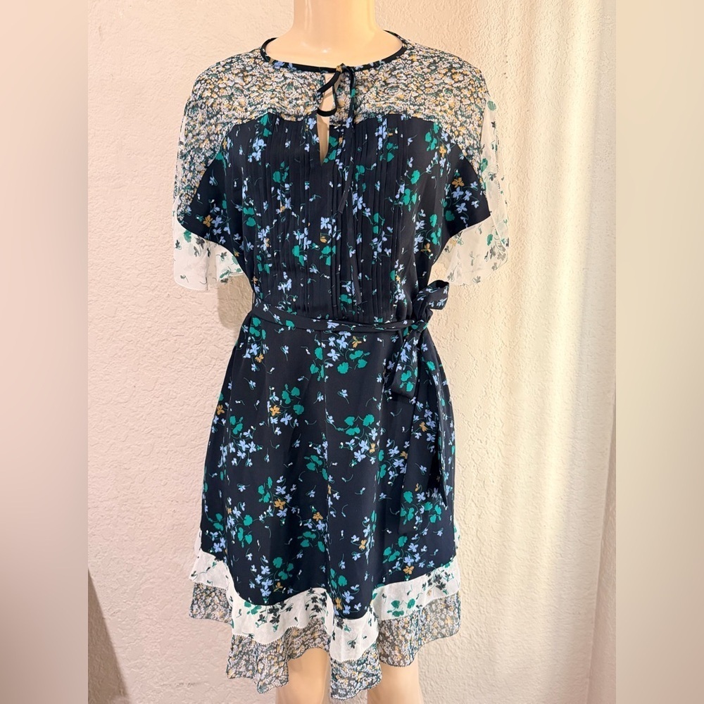 Ann Taylor Navy Blue Floral Print Tie Waist Flounce Dress Night Sky Size 2P